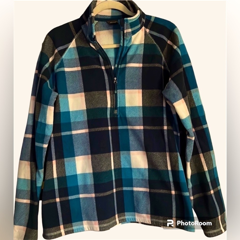 EDDIE BAUER Women’s Turquoise Plaid Fleece 1/4 Zip Pullover, Size TXL, GUC.